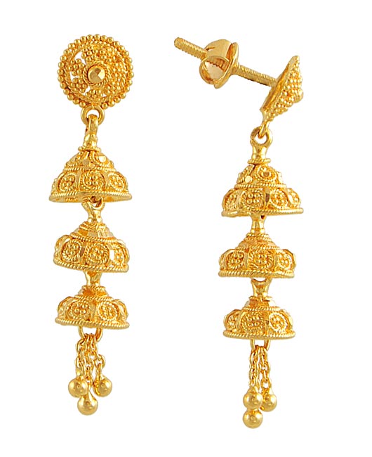 22Kt Chandelier Earrings ErFc4071 22Kt Gold multi layered chandelier earrings with filigree