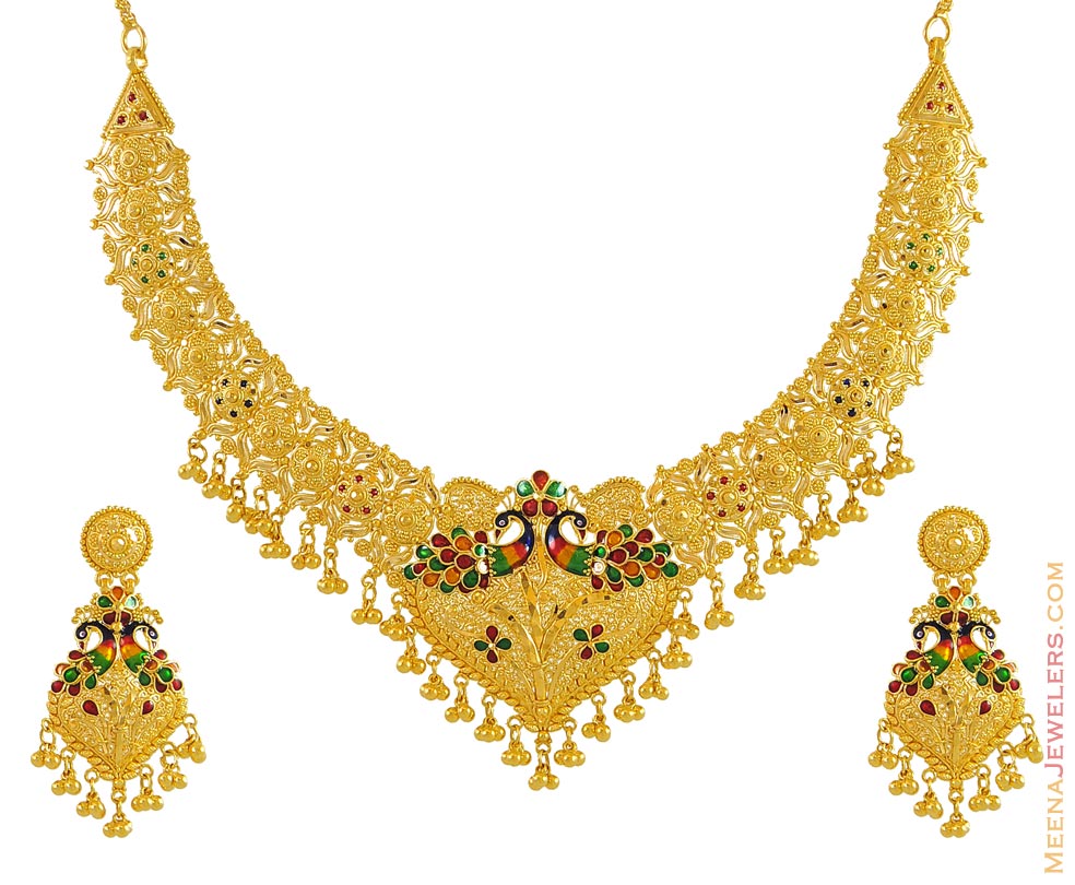 22K Gold Set (Peacock design) - StGd9493 - 22K gold necklace and ...