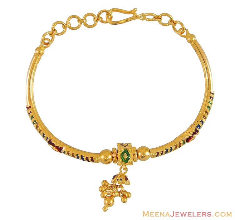 Indian Meenakari Bracelet (22K) BrLa9431 22K Gold Meenakari Bracelet / Bangle with polki
