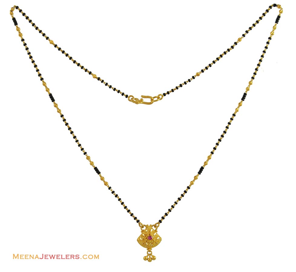 22k Tiny Gold Mangalsutra (17 Inch) - ChMs10662 - 22K Gold Mangalsutra with filigree designs and 