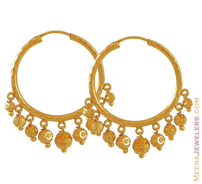 Gold Hoops with Danglings ErHp6408 22Kt Gold Hoop Earrings with gold balls (dangling) on it
