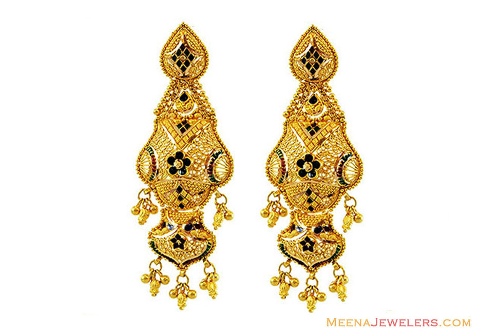 22k Gold Meenakari Long Earrings erfc13139 22K Gold Designer