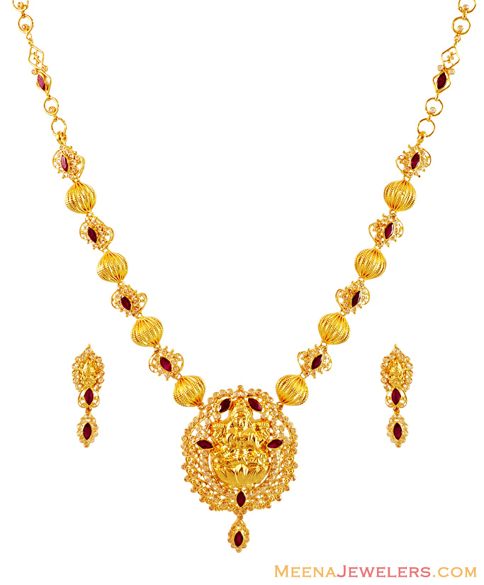 Precious Stones 22K Necklace Set StGd16170 Beautiful 22k Gold Temple Jewelry Necklace and