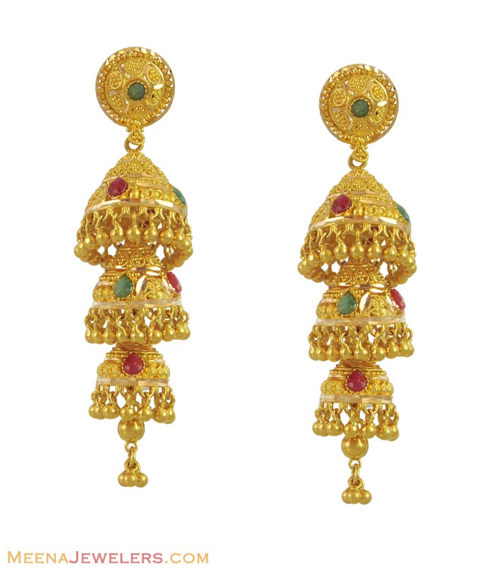 22k Precious Stones Jhumka Earrings ErFc11121 22K yellow gold layered long chandelier