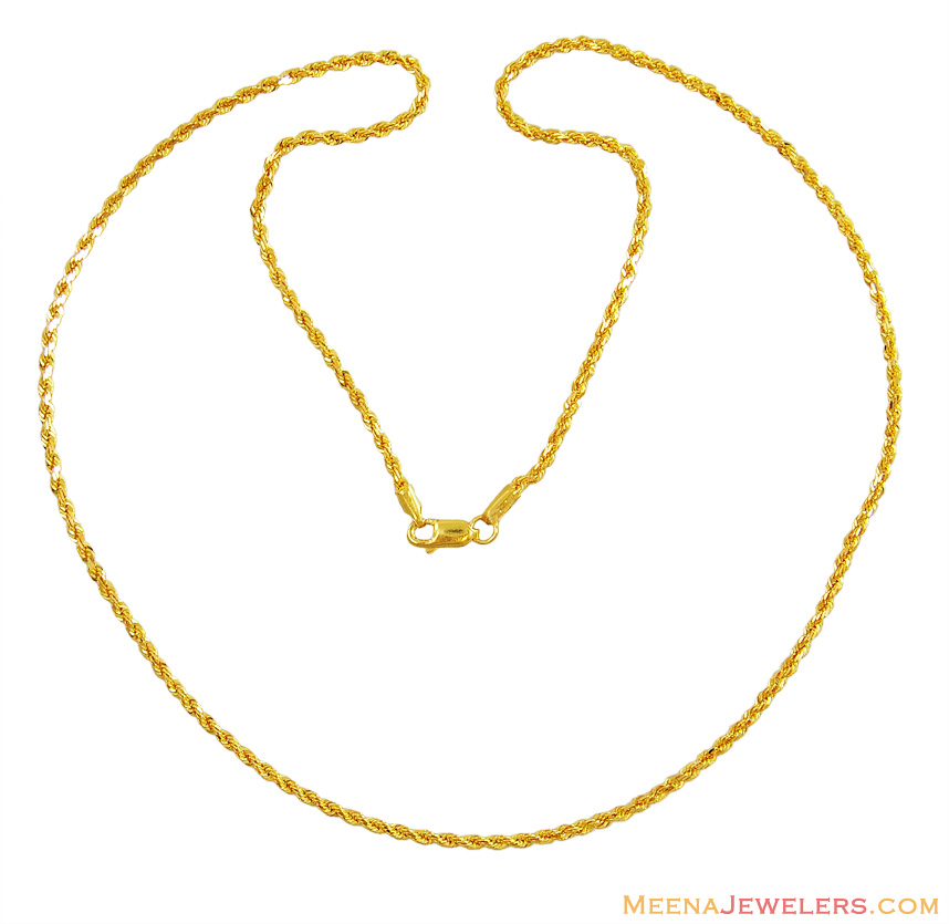 Gold Rope Chain (20 Inch) ChPl13899 22Kt Gold Thin Rope Chain with