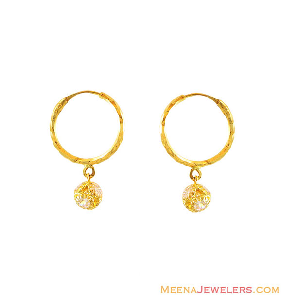 22k Gold Ball Hoops Earrings ErHp12739 22Kt Gold small Hoop Earrings with Cubic Zircons