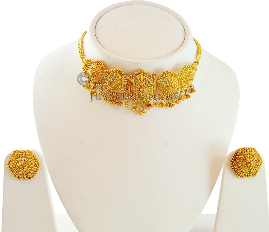 22K Gold Choker Necklace Set - StLs17382 - 22K Gold choker necklace and