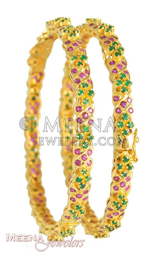 Gold bangles with ruby and emerald Clearance