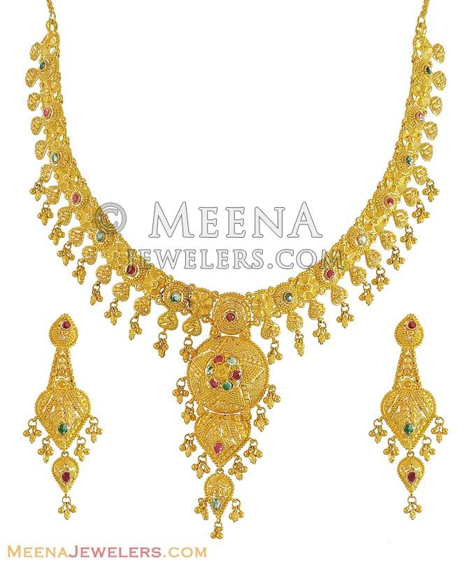 Indian Fancy Necklace Set - StGd11007 - 22K Gold Necklace and Earrings Set exclusively 