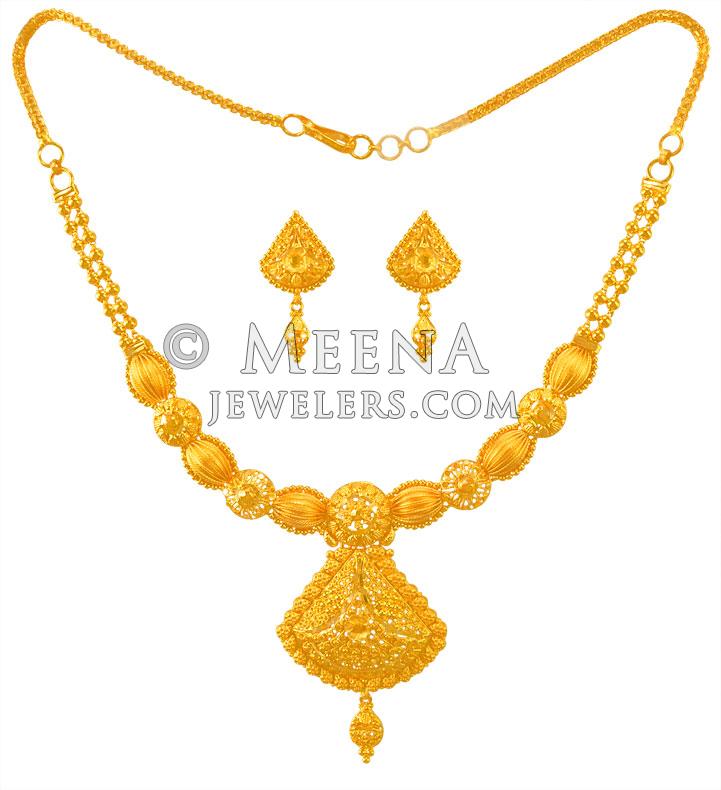 22K Gold Necklace Earring Set - StGo23395 - Indian design 22k yellow