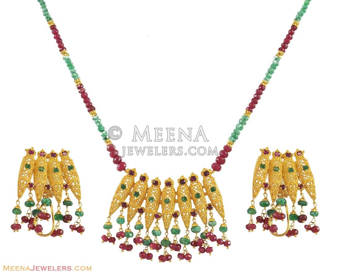 22K Gold Ruby, Emerald Necklace Set StPs11127 US 4,044 22k gold necklace & earrings set