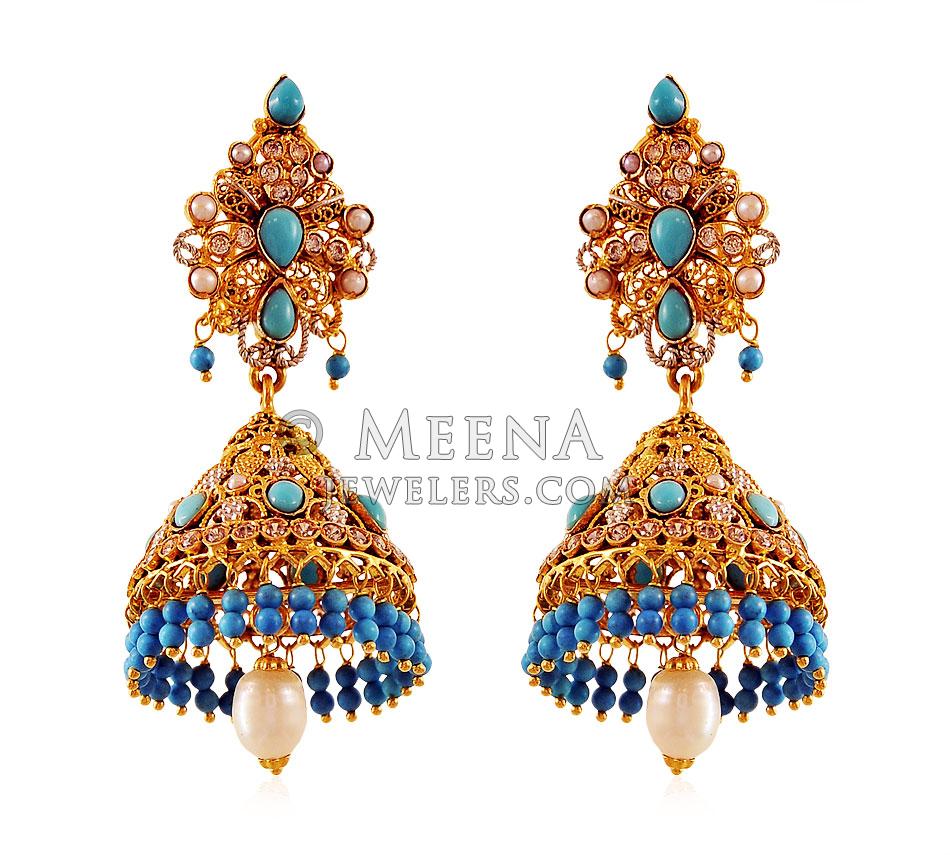 Traditional 22K Turquoise Jhumki ErFc18698 22K Gold Jhumki earrings. Earrings are