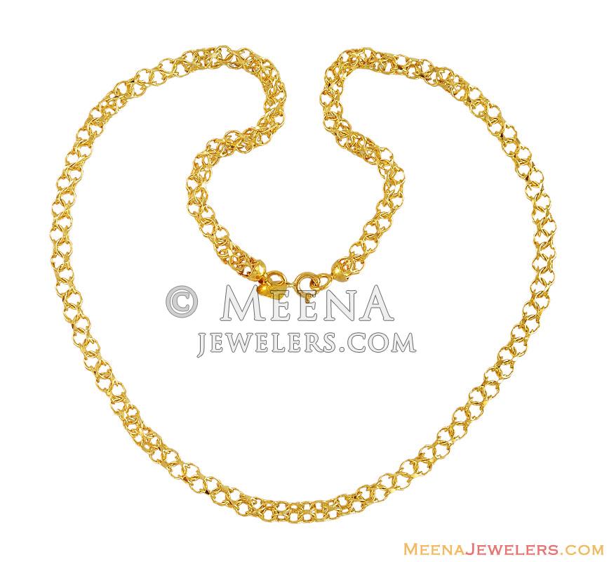 21Kt Fancy Chain In Gold ChFc12353 21Kt Gold Fancy link pattern chain. Hook Type Spring Hook.