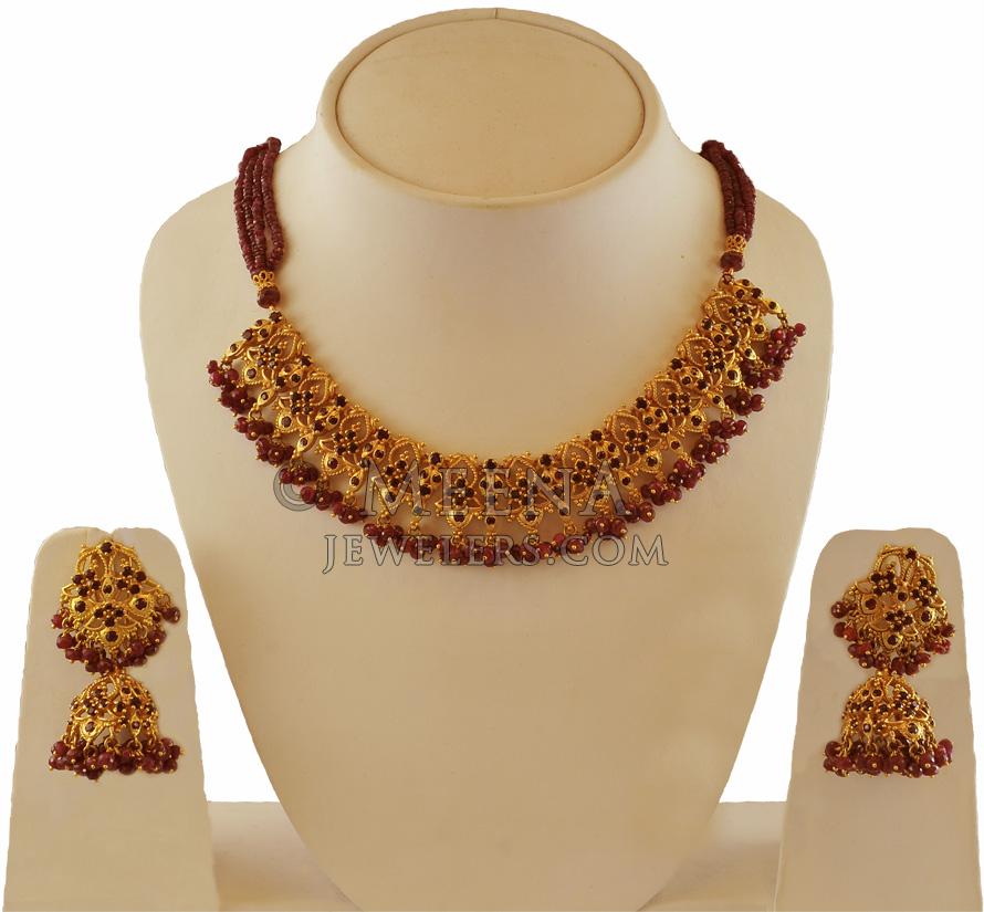 22K Gold Ruby Set PsRu17231 22K Gold Ruby Necklace and Earrings set
