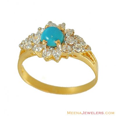 Gold Ring with Turquoise , Cz ( Ladies Rings with Precious Stones )