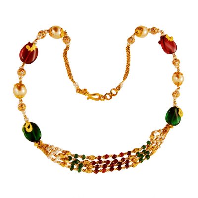 22KT Gold Ruby Emerald Pearl Chain ( 22Kt Gold Fancy Chains )