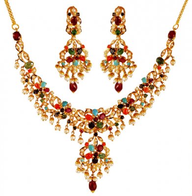22K Gold Designer Necklace Set ( Precious Stone Sets )