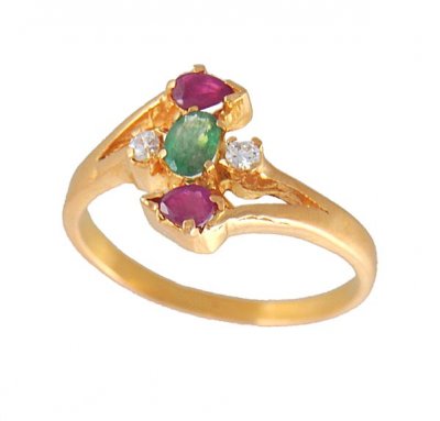 22Kt Gold Ruby Emerald and Cz Ring ( Ladies Rings with Precious Stones )
