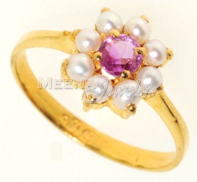 Gold Ring with Ruby and Pearl ( Ladies Rings with Precious Stones )