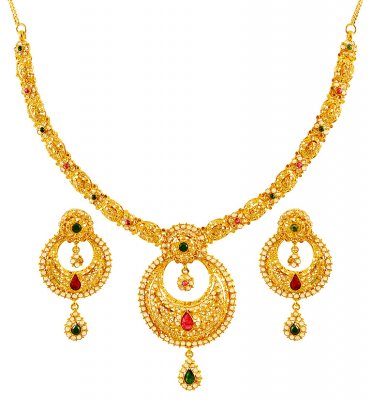 22K Gold Chand Bali Necklace Set ( Gold Designer Sets )
