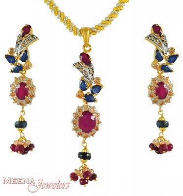 Gold pendant Set with Ruby and Sapphire ( Precious Stone Pendant Sets )