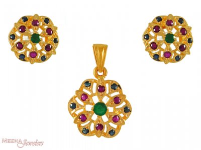 22Kt Gold Emerald, Ruby Pendant Set ( Precious Stone Pendant Sets )