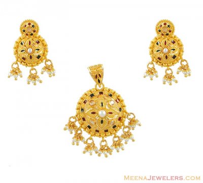 Gold Meenakari Pendant set with Pearls ( Gold Pendant Sets )