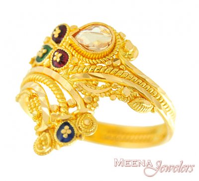 22kt gold Designer Ring with meena and polki ( Ladies Gold Ring )