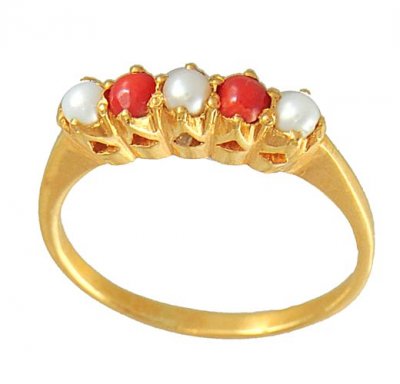 Coral and Pearl Gold Ring ( Ladies Rings with Precious Stones )