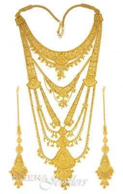 22 Kt Gold Bridal Necklace with Long Earrings ( Bridal Necklace Sets )