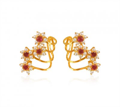 22K Gold Ruby With Pearl Earrings ( Precious Stone Earrings )