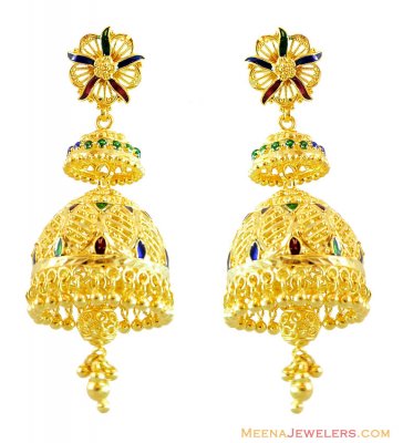 22K Meena Chandelier Gold Earrings  ( 22Kt Gold Fancy Earrings )