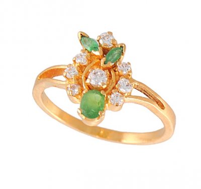 Gold Ring with Emerald and CZ ( Ladies Rings with Precious Stones )