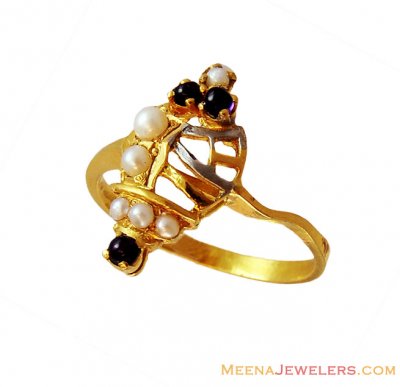 22K Fancy Pearls Colored Stone Ring ( Ladies Rings with Precious Stones )