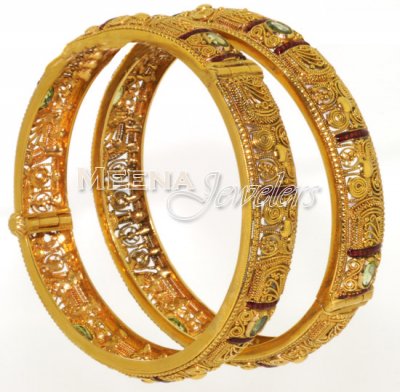 22Kt Antique Gold Bangles With Peridot and Meenakari, 2 pcs ( Antique Bangles )