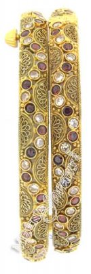22 Kt Antique Gold Bangles With Garnet And Polki Stones ( Antique Bangles )