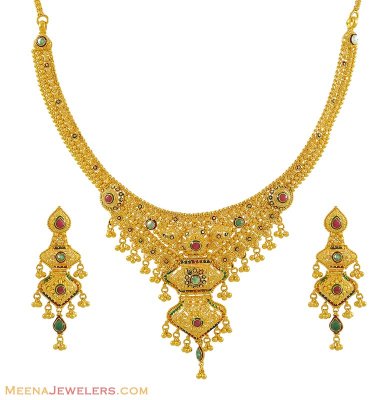 Gold Necklace Set (Meenakari) ( 22 Kt Gold Sets )