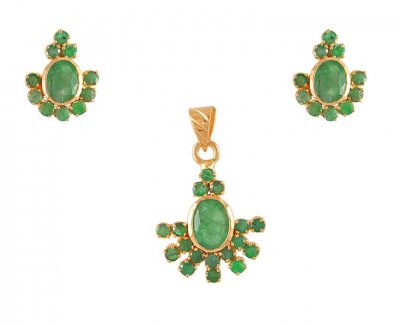 22Kt Gold Pendant Set With Emerald  ( Precious Stone Pendant Sets )
