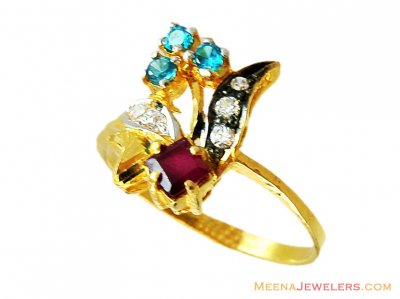 22K Ladies Colored Stones Ring  ( Ladies Rings with Precious Stones )