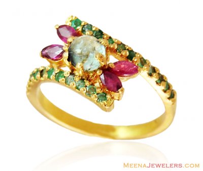 Ruby Emerald Combination Ring 22k  ( Ladies Rings with Precious Stones )