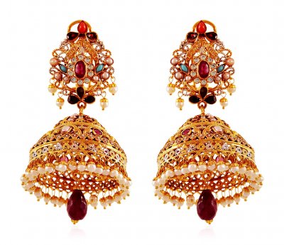 22K Gold Precious Stones Jhumki ( Exquisite Earrings )