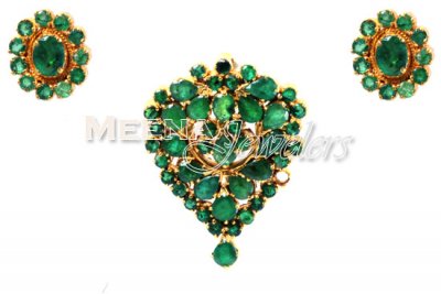 22Kt Gold Emerald Pendant Set ( Precious Stone Pendant Sets )