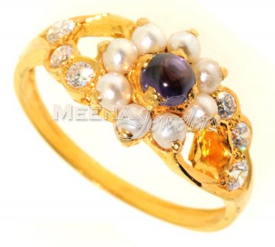 Gold Ring with Pearl CZ and Amethyst ( Ladies Rings with Precious Stones )