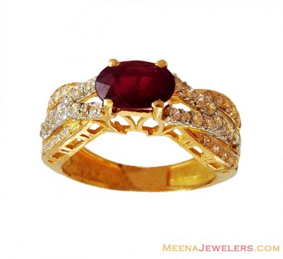 22K Two Tone Ruby Ring  ( Ladies Rings with Precious Stones )