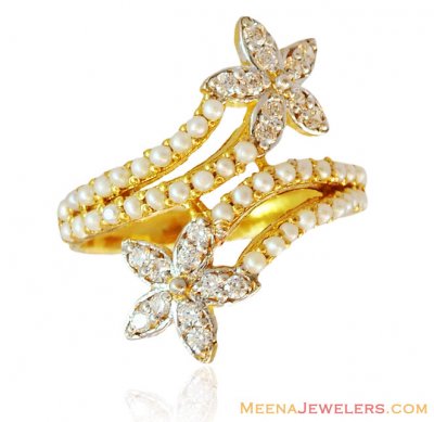 Designer Floral Pearl 22k Gold Ring ( Ladies Rings with Precious Stones )