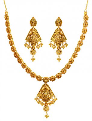22K Gold Semi Antique Necklace Set ( Antique Necklace Sets )