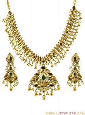 22K Kundan And Pearls Necklace Set ( Antique Necklace Sets )