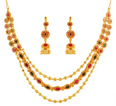 Layered Gold Necklace Earring Set ( Gold Designer Sets )