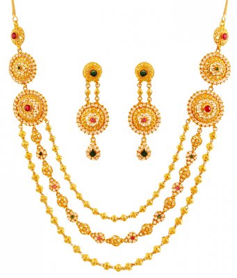 22K Layered Necklace Earring Set ( Gold Designer Sets )