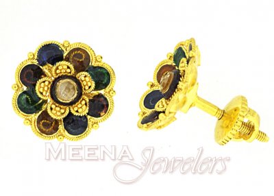 22Kt Gold Earrings with Polki and Meena ( 22 Kt Gold Tops )